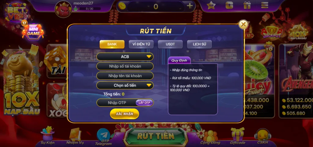 rút tiền bank betvip